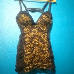 Dreamgirl Plus Stretch Mesh Chemise with Garter Attachments Black and Gold 3x